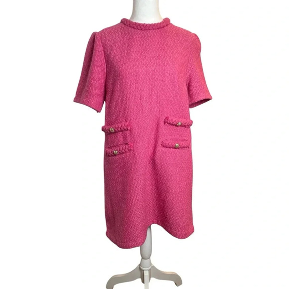 VOY Kennedy Pink Tweed Dress Double Pocket Braid Neck Medium Clueless NWOT - Picture 3 of 11